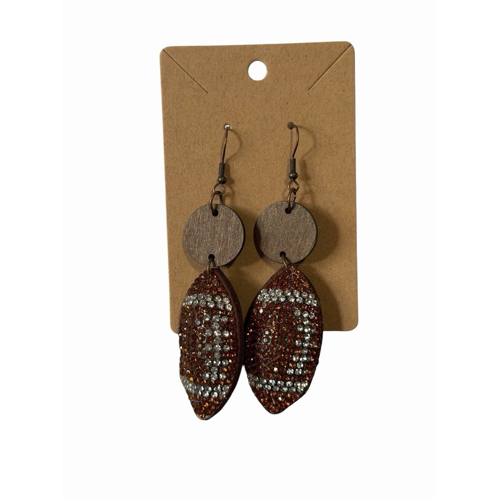 Handmade Football Rhinestone Wood Dangle Earrings Orange Brown Game Day Jewelry